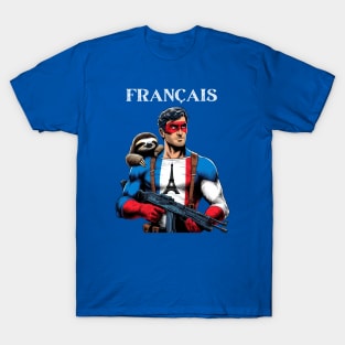 Francais: 80's Gritty Comic Book Hero with Sloth T-Shirt